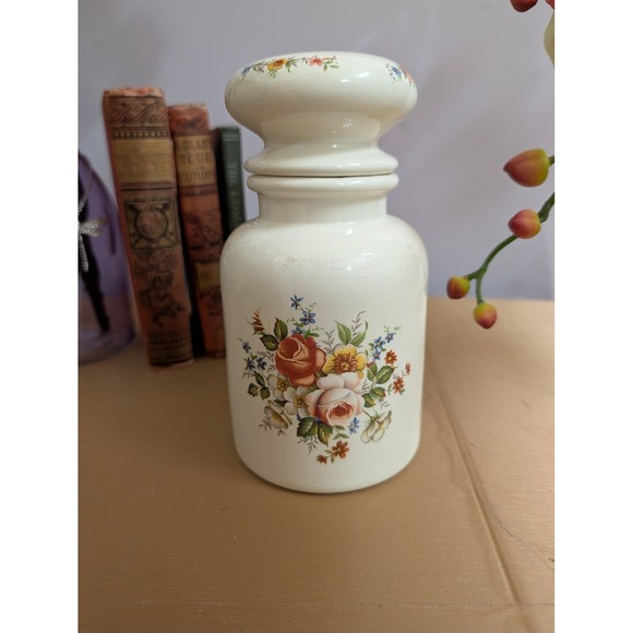 Lee White Other - Vintage Handmade Ceramic Apothecary Jar Floral Accents‎ White Decor Signed